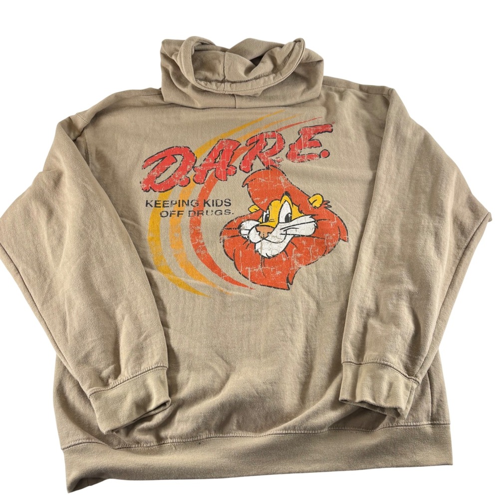 DARE Hoodie Tan Daren the Lion Graphic Sweatshirt Mens Large Retro 90s‎ Style